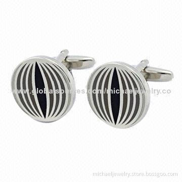 Brass Cufflinks with Black Enamel and Plating White Steel (Nickel-Free)